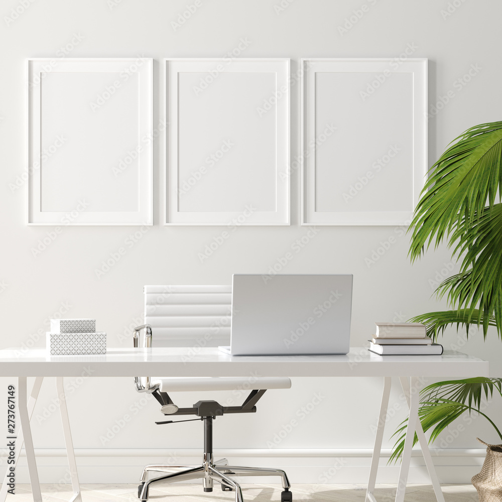 Fototapeta premium Poster, wall mock up in home interior background, home office, Scandinavian style, 3d render