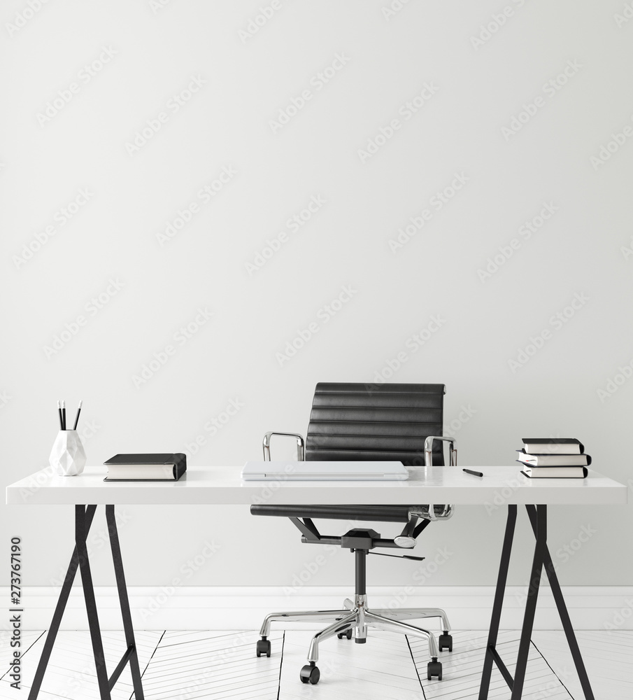 Fototapeta premium Poster, wall mock up in home interior background, home office, Scandinavian style, 3d render