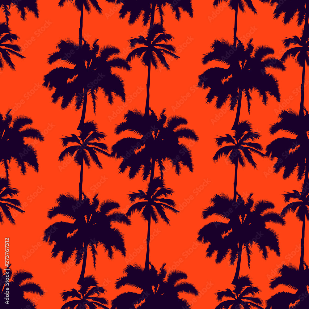 Silhouettes vector palm trees isolated on an orange background. seamless pattern. Perfect for fabric, wallpaper or giftwrap. illustration