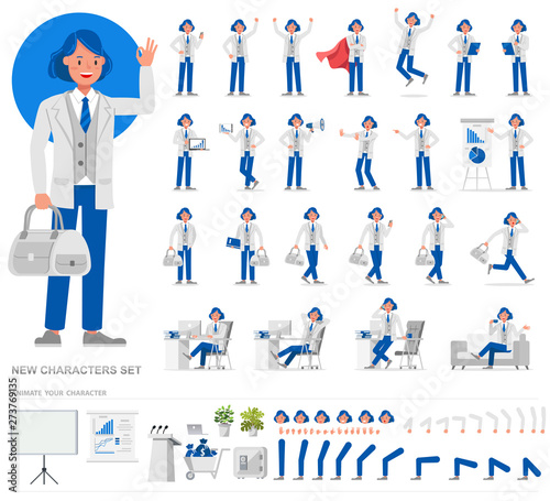 Set of business people working character vector design. Presentation in various action with emotions, running, standing and walking. Create your own pose design.