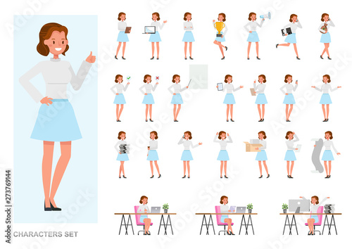 Set of business Woman character vector design. Presentation in various action with emotions, running, standing and walking.