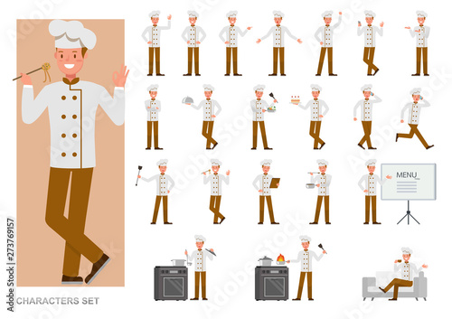 Set of Chef working character vector design. Presentation in various action with emotions, running, standing and walking.