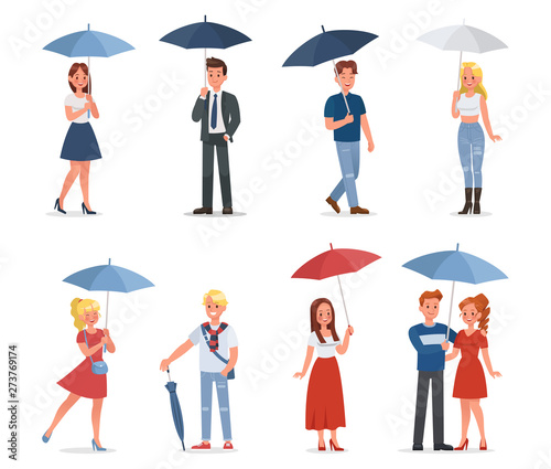 set of happy man and woman under umbrella vector character design