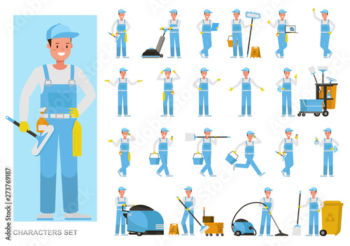 Set of Janitor working character vector design. Presentation in various action with emotions, running, standing and walking.