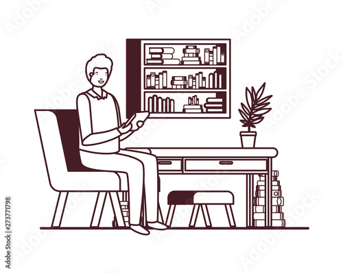 man sitting in the work office with white background