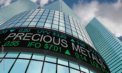 Fototapeta Naklejka Na Ścianę i Meble -  Precious Metals Silver Gold Stock Market Industry Sector Wall Street Buildings 3d Illustration