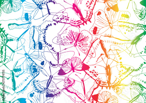 Colorful butterfly texture seamless pattern in rainbow gradient on white. Large group of messy butterflies with fun and happy colors for backgrounds, fashion, textile, wrapping paper and wallpaper
