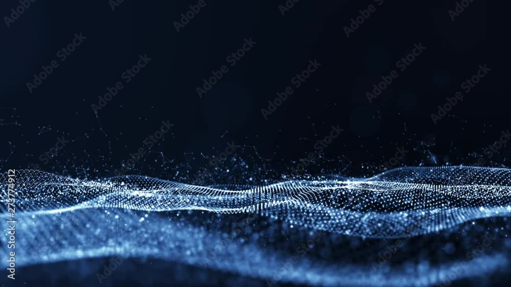 Digital cyberspace futuristic, Blue color particles wave flowing with lines and dots connection, motion looping abstract background. 