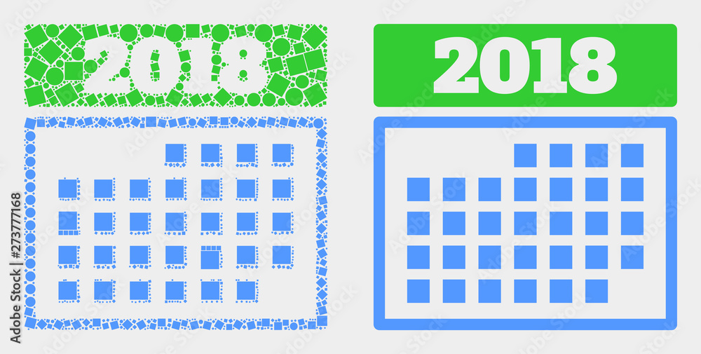 © Evgeny - Pixel and flat 2018 calendar page icons. Vector mosaic of 2018 calendar page formed of scattered square elements and spheric pixels.