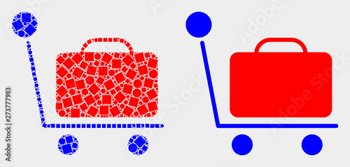 Dot and flat baggage cart icons. Vector mosaic of baggage cart organized of randomized dots and spheric elements.