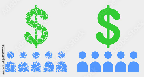 Pixel and flat bank clients icons. Vector mosaic of bank clients organized of irregular square elements and spheric items.