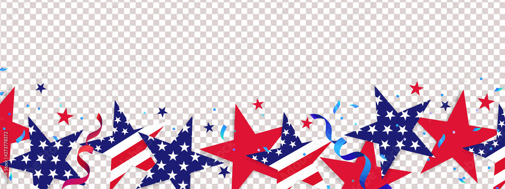 Fourth of July background. 4th of July holiday long horizontal border. USA Independence Day Decoration elements - confetti stars in national colors isolated on background. 