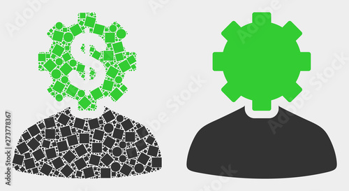 Dotted and flat banker gear person icons. Vector mosaic of banker gear person formed of scattered dots and spheric elements.