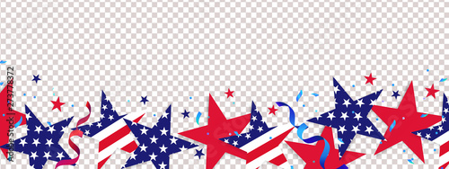 Fourth of July background. 4th of July holiday long horizontal border. USA Independence Day Decoration elements - confetti stars in national colors isolated on background. 