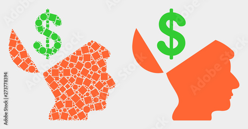 Pixel and flat banker open mind icons. Vector mosaic of banker open mind formed of random rectangle elements and round elements.