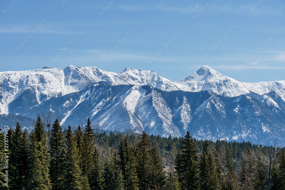 Canadian Rockies with snow in British Columbia Canada early spring clear sky.