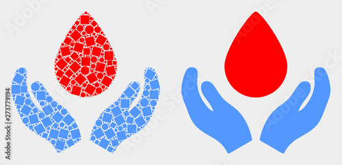Pixel and flat blood care hands icons. Vector mosaic of blood care hands constructed of randomized dots and spheric dots.