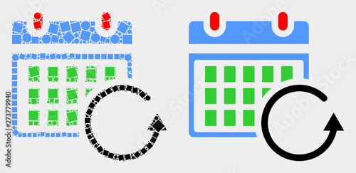 Dot and flat calendar rollback icons. Vector mosaic of calendar rollback composed of irregular square particles and round dots.