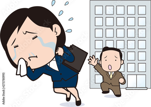 会社から逃走する女性新入社員のイラスト