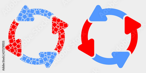 Dot and flat circulation arrows icons. Vector mosaic of circulation arrows formed of randomized rectangle elements and circle elements.
