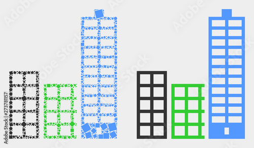 Dotted and flat city buildings icons. Vector mosaic of city buildings constructed of irregular square elements and spheric points.