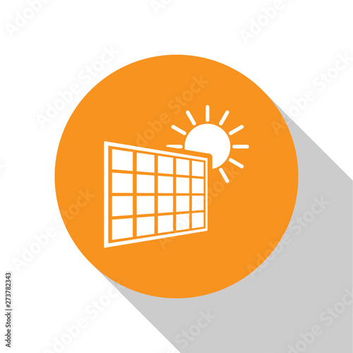 White Solar energy panel and sun icon isolated on white background. Orange circle button. Vector Illustration