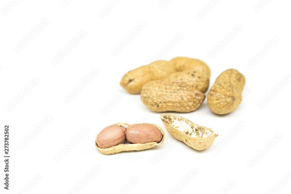 Close up roasted nuts with nutshells isolated on white background.
