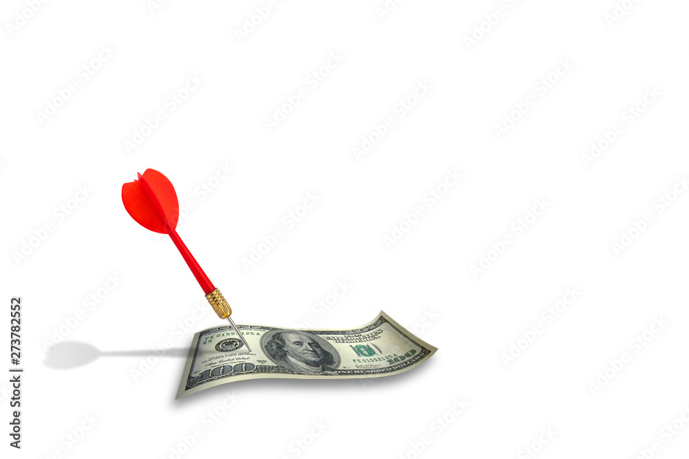 Marketing Concept : Red dart hit on banknote isolated on white background. Marketing Concept : Red dart hit on banknote isolated on white background.