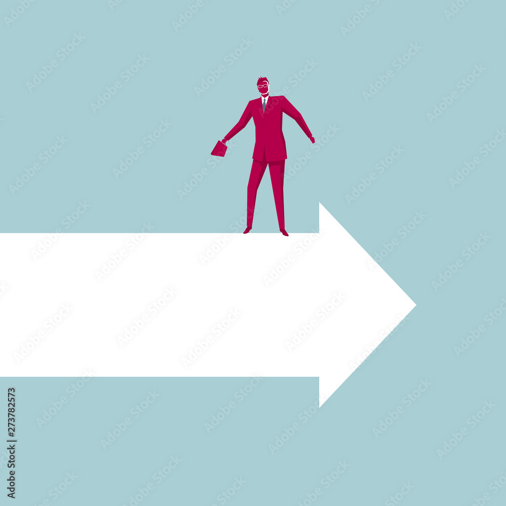 Businessman standing on the arrow. The background is blue. Businessman standing on the arrow. The background is blue.