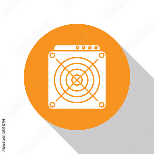 White ASIC Miner icon isolated on white background. Cryptocurrency mining equipment and hardware. Application specific integrated circuit. Orange circle button. Flat design. Vector Illustration