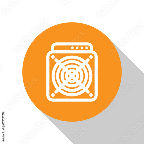 White ASIC Miner icon isolated on white background. Cryptocurrency mining equipment and hardware. Application specific integrated circuit. Orange circle button. Flat design. Vector Illustration