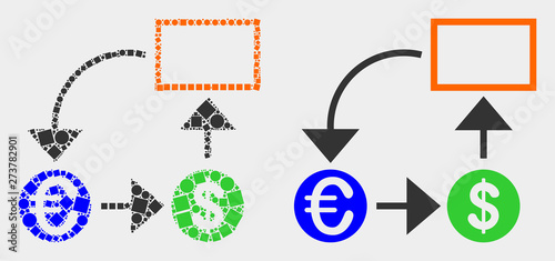 Dotted and flat currency conversion scheme icons. Vector mosaic of currency conversion scheme created of scattered square pixels and spheric pixels.
