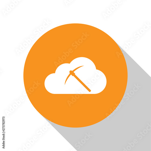 White Cryptocurrency cloud mining icon on white background. Cloud with pickaxe, bitcoin, altcoins, digital money market, cryptocoin wallet. Orange circle button. Flat design. Vector Illustration