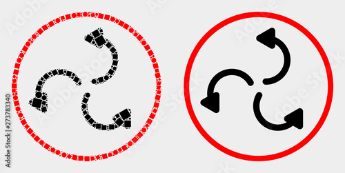 Pixel and flat cyclone arrows icons. Vector mosaic of cyclone arrows formed of scattered rectangle elements and circle elements.