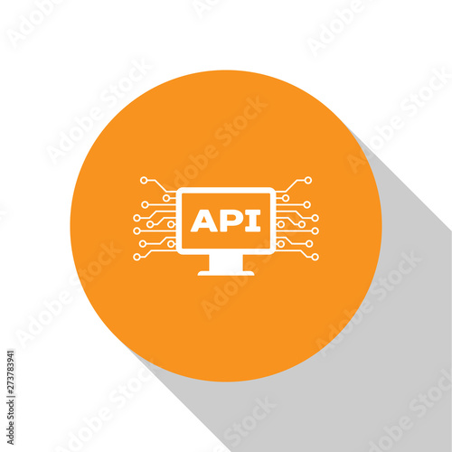 White Computer api interface icon isolated on white background. Application programming interface API technology. Software integration. Orange circle button. Vector Illustration
