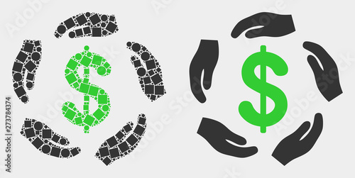 Dot and flat dollar care hands icons. Vector mosaic of dollar care hands composed with irregular square dots and spheric dots.