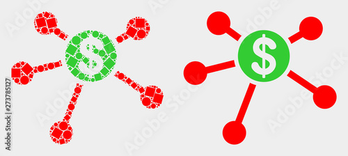 Dotted and flat dollar links icons. Vector mosaic of dollar links composed of irregular square dots and spheric dots.