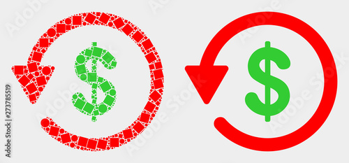 Dotted and flat dollar refund icons. Vector mosaic of dollar refund composed of randomized square elements and circle elements.