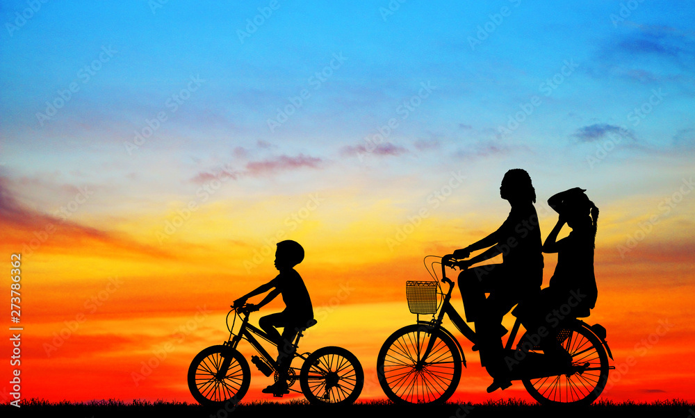 Silhouette group friend and bike relaxing on blurry sunset background. Silhouette group friend and bike relaxing on blurry sunset background.