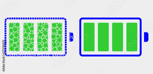 Dot and flat electric battery icons. Vector mosaic of electric battery designed of irregular square particles and spheric dots.