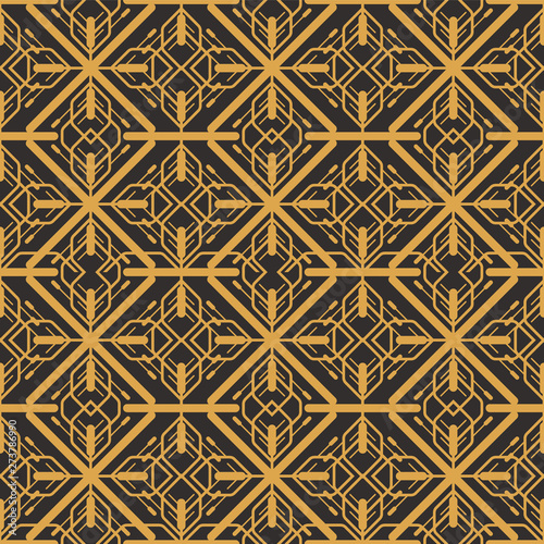 Art Deco seamless luxury geometric pattern. Golden lined shape. Vector Leaves stylish background. Abstract sea shell illustration.