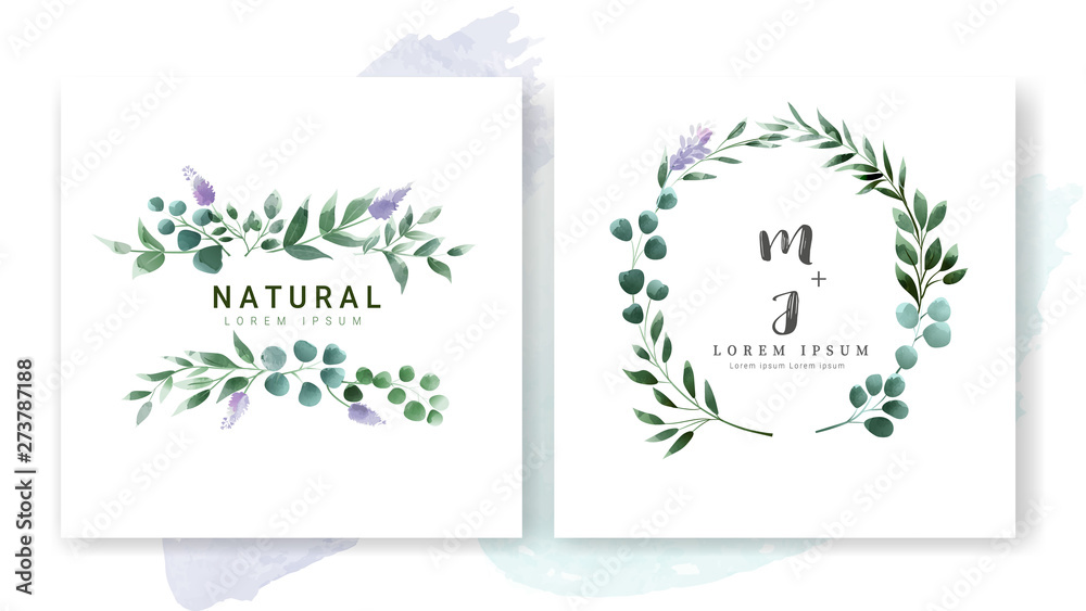Set of Wedding invitation Card,save the date thank you card,rsvp with floral   and leaves,  watercolor style for printing, badge.vector illustration