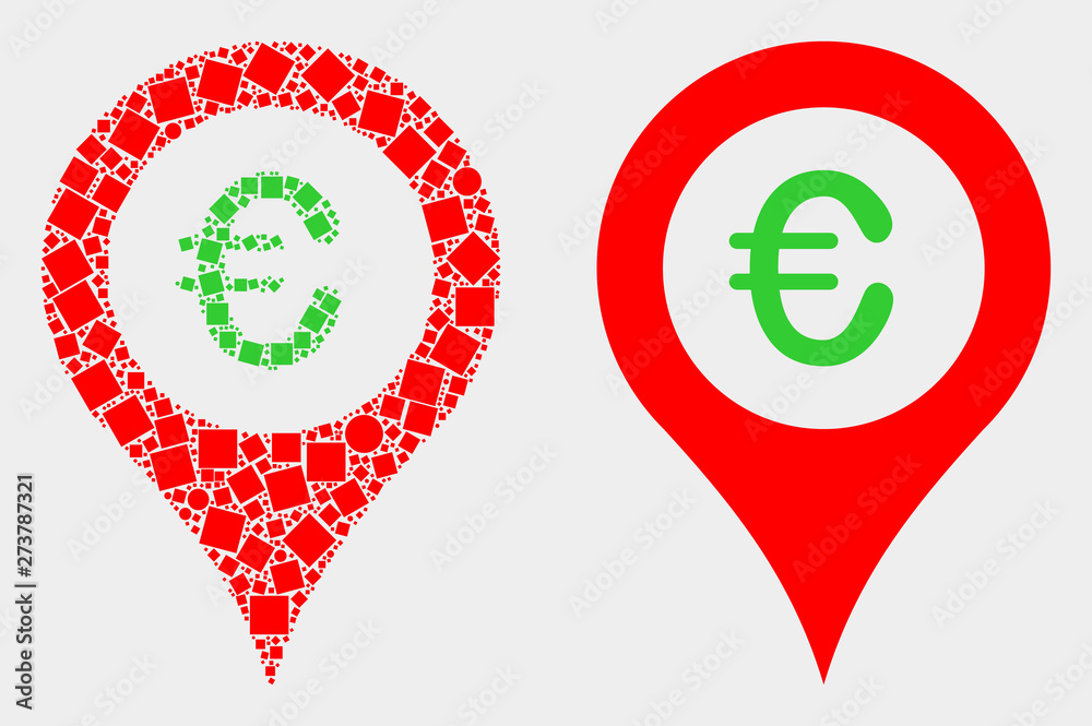 Dotted and flat euro map marker icons. Vector mosaic of euro map marker constructed of randomized square particles and spheric items. Dotted and flat euro map marker icons. Vector mosaic of euro map marker constructed of randomized square particles and spheric items.