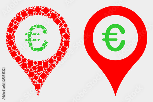 Dotted and flat euro map marker icons. Vector mosaic of euro map marker constructed of randomized square particles and spheric items.