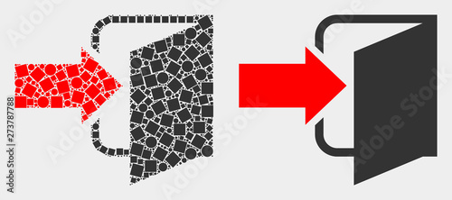 Dot and flat exit door icons. Vector mosaic of exit door constructed of irregular rectangle elements and circle elements.