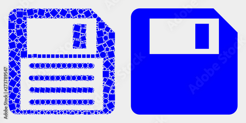 Dotted and flat floppy disk icons. Vector mosaic of floppy disk organized of irregular square pixels and round pixels.