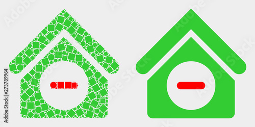 Pixel and flat forbidden house icons. Vector mosaic of forbidden house organized of irregular square elements and round pixels.