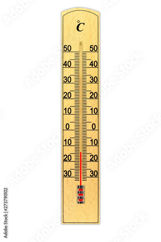 Wooden celsius scale thermometer isolated on white background. Thermometer shows air temperature minus 14 degrees