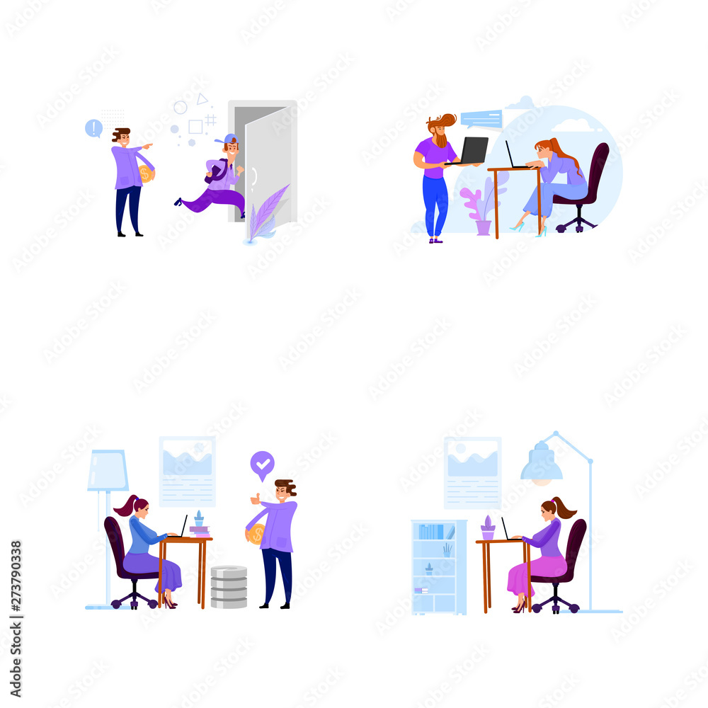 A set of business scenes with tiny men and women in the office for work and with clients. A set of business scenes with tiny men and women in the office for work and with clients.