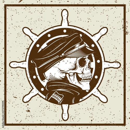 grunge style skulls captain and ship's wheel vintage illustration vector